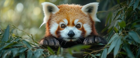 Obraz premium Adorable Red Panda Cub Peeking Through Bamboo