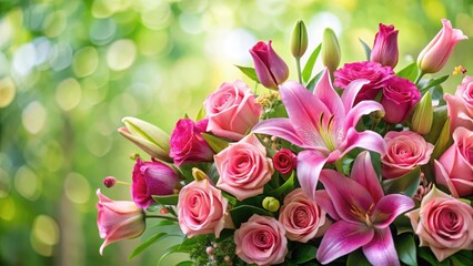 Obraz premium Vibrant pink roses and lilies arranged in a lush greenery setting , lily, garden
