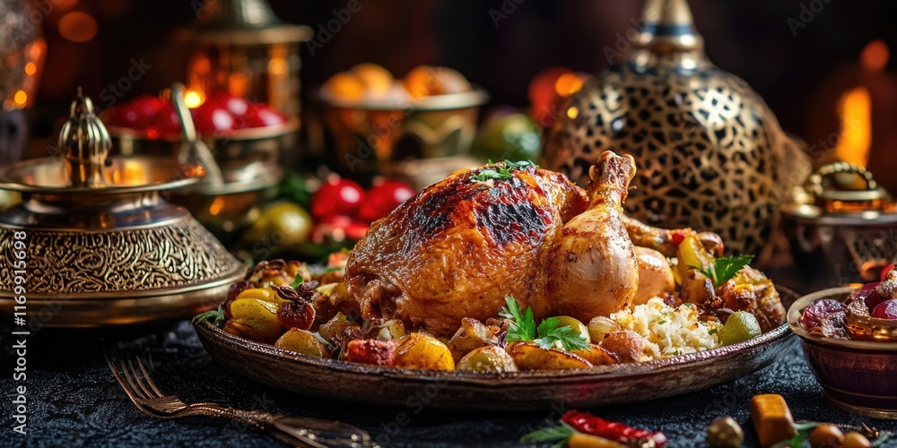 Poster plate of food with a roasted chicken and vegetables on it. the table setting is elaborate and includ