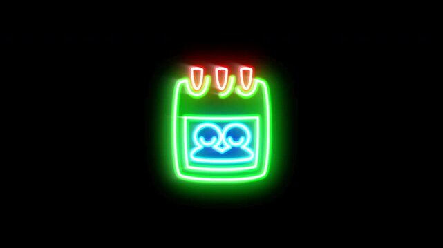 The blinking neon light of a calendar icon on a black background.