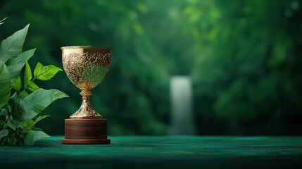 [symbol of success achievement fulfillment prosperity] Golden Chalice & Vases in Lush Garden Setting