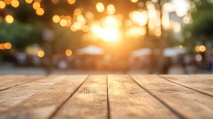 Wooden table sits empty in an outdoor cafe at sunset, inviting patrons to enjoy the warm ambiance and serene surroundings