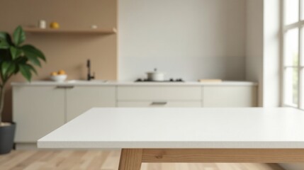 Empty kitchen table with blurred background of modern cabinetry and window