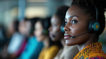 Customer service representatives collaborate in a vibrant workspace, each wearing headsets and engaged in assisting clients effectively