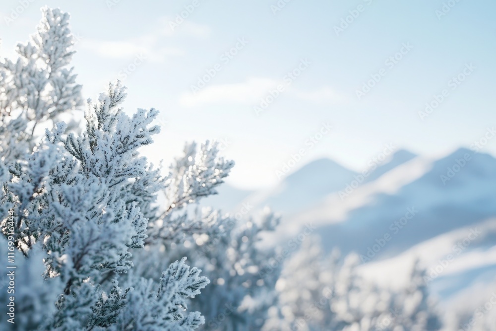 Poster snowy mountain range with a tree covered in snow. the tree is surrounded by snow and the sky is clea