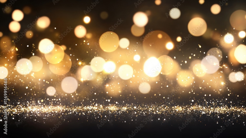 Poster sparkling golden dots float gracefully against a deep dark backdrop, setting a magical atmosphere pe