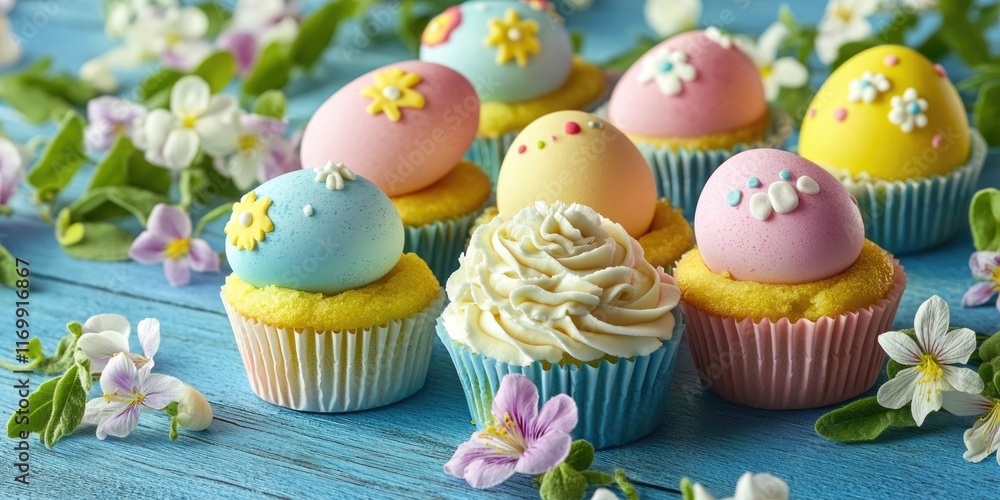 Poster row of colorful cupcakes with flowers on top. the cupcakes are decorated with frosting and eggs, and