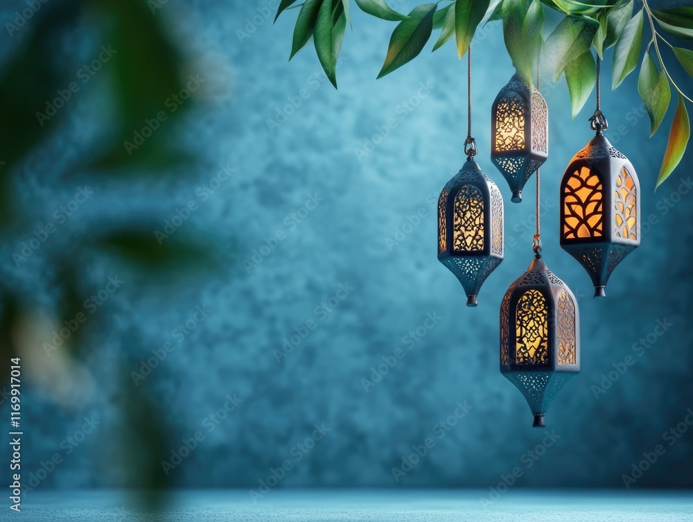 Poster the blue background is the perfect backdrop for the four lanterns hanging from the tree. the lantern