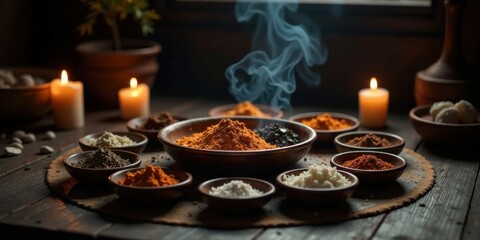 Naklejka premium Aromatic Spices and Incense Steam on Dark Wooden Table
