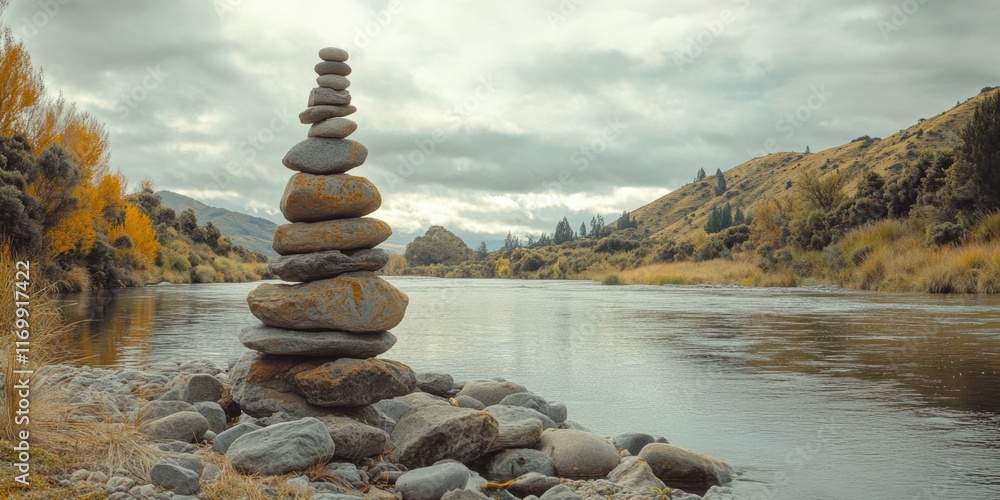 Aufkleber stack of rocks is on the shore of a river. the rocks are arranged in a pyramid shape. the scene is p