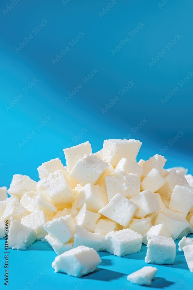 Poster pile of white cubes on a blue background. the cubes are white and appear to be made of some sort of 