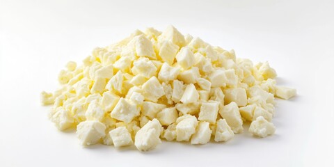 Pile of white cheese cubes. They are piled on top of each other