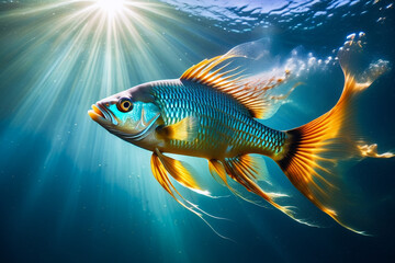 Fototapeta premium a breathtaking underwater photo of a fish underwater touching the surface to create a ripple of bright