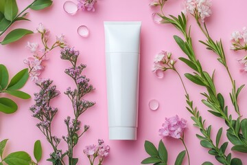 White tube mockup on pink background, surrounded by flowers and greenery. Perfect for beauty, skincare, or cosmetic product advertisement.