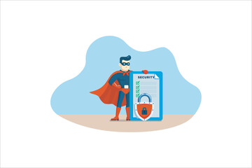Illustration Standing security hero with lock shield on file. Data security concept, vector illustration.