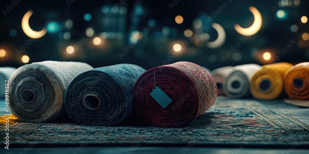 Poster pile of colorful rolls of fabric on a table. the rolls are of different colors and sizes, and they a