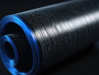 Blue and black spiral roll of paper with a lot of writing on it. The writing is in a foreign language and he is a code. Scene is mysterious and intriguing