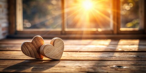 Two wooden hearts placed on a rustic wooden table, illuminated by warm sunlight filtering through the window