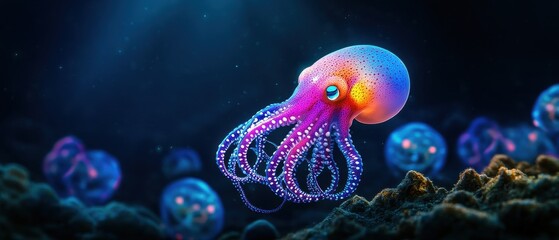 Obraz premium [Vibrant octopus in glowing jellyfish environment] Vivid Octopus in Deep Blue Ocean Scene With Glowing Spheres