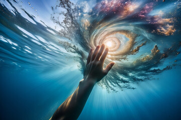 a breathtaking underwater photo of a hand underwater touching the surface to create a ripple of bright