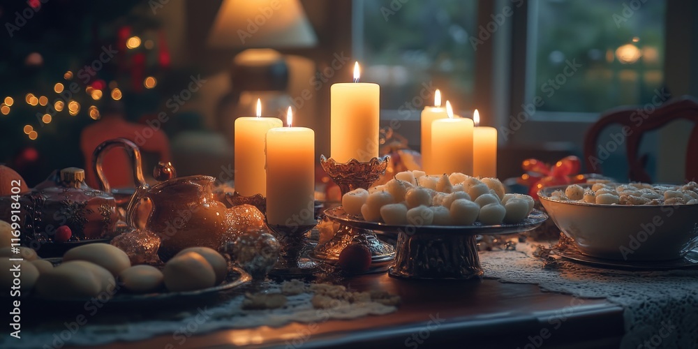 Poster table is set with candles and food, creating a warm and inviting atmosphere. the candles are lit and