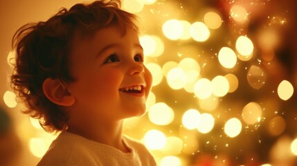 Young boy smiles brightly, surrounded by glowing Christmas lights, celebrating the joy of the holiday season and reflecting warmth