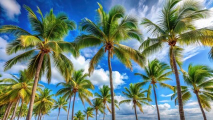 Obraz premium Palm trees swaying gently in the tropical breeze against a blue sky background , tropical, paradise