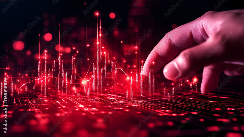 Poster Digital hand interaction with glowing red data visualization elements