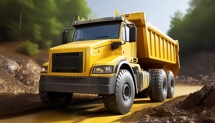 Fototapeta premium A vibrant yellow dump truck navigating a muddy road, surrounded by lush greenery, showcasing rugged construction and heavy-duty design.
