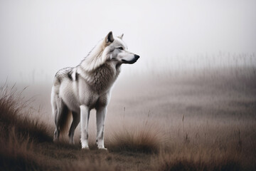 Obraz premium Brown monochrome picture foggy background a wolf silhouette close-up, looking into the distance with messy grassland nearby