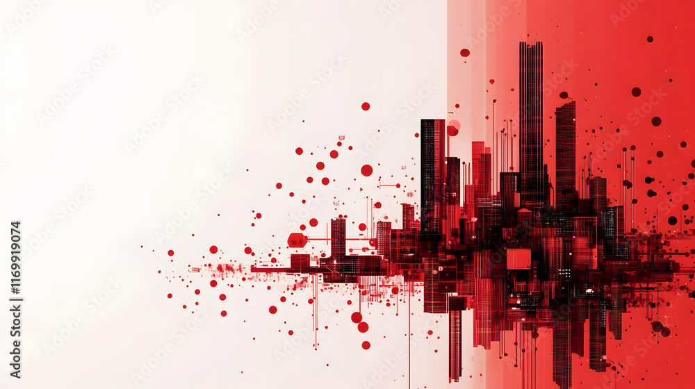 Poster Abstract urban skyline in red tones with splashes and gradients