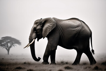  Brown monochrome picture foggy background a elephant silhouette close-up, looking into the distance with messy grassland nearby