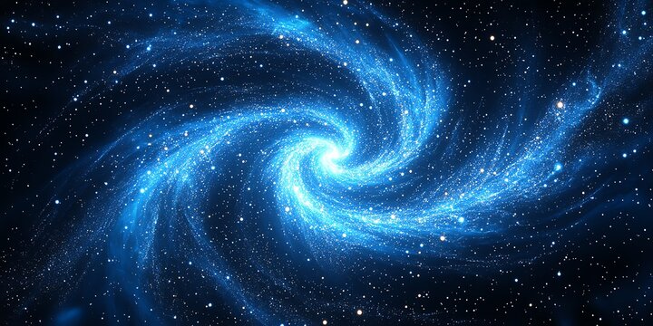 Abstract blue spiral galaxy with glowing stars in dark space.