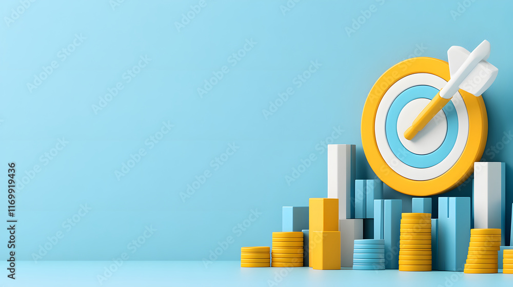 Poster Target and bar graph with coins representing growth and success in a business context