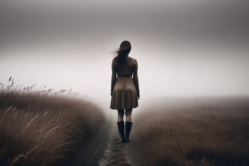       Brown monochrome picture foggy background a woman's silhouette close-up, looking into the distance with messy grassland nearby