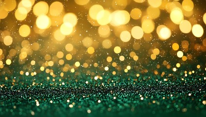 Emerald glitter bokeh background, golden lights, festive backdrop, holiday card.
