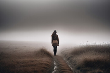     Brown monochrome picture foggy background a woman's silhouette close-up, looking into the distance with messy grassland nearby