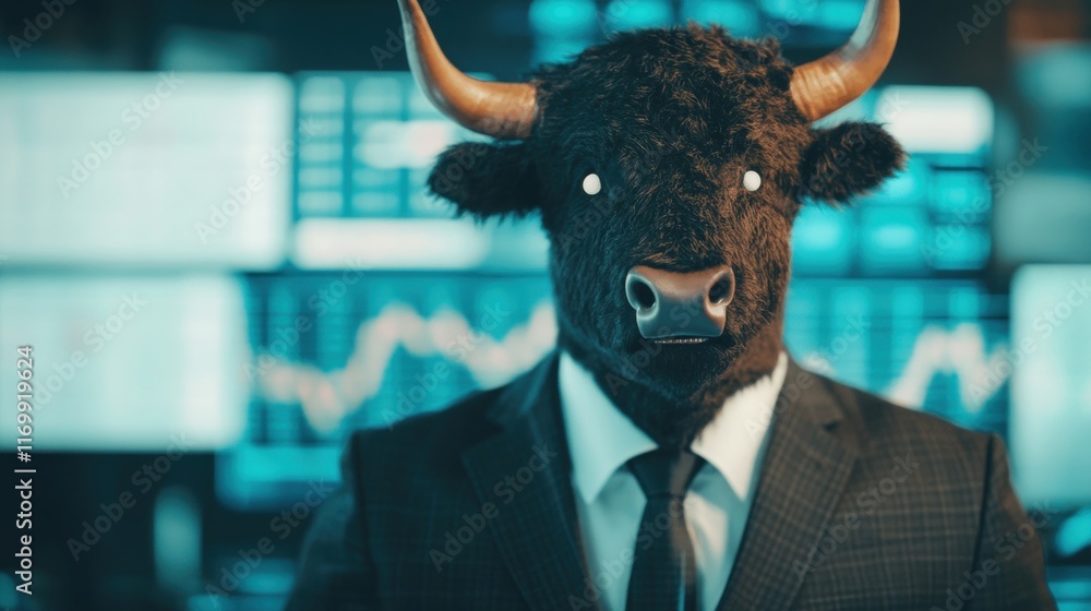 Poster stock trader shows frustration while dressed in a bull costume, surrounded by screens displaying cha