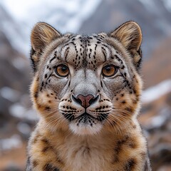 Fototapeta premium [Closeup portrait of a snow leopard in snowy landscape] Snowy Majesty Close-Up Portrait of a Majestic Snow Leopard Staring Directly into Camera.