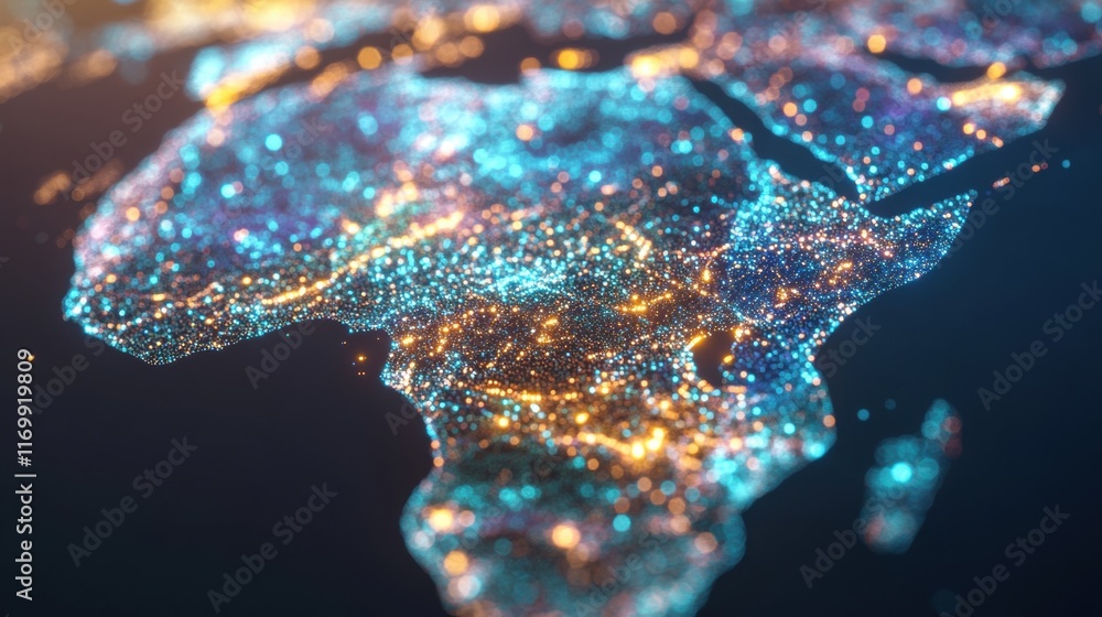 Poster glowing connections illuminate africa's map, highlighting key locations and networks that reflect ac