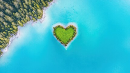 Obraz premium A heart shaped island emerges from a tranquil lake, bordered by vibrant greenery and clear blue water, creating a peaceful atmosphere