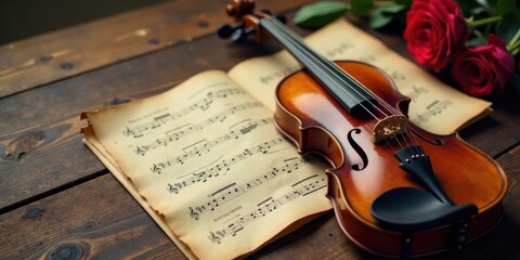 Naklejka premium A Violin Resting on Antique Sheet Music Beside Romantic Red Roses