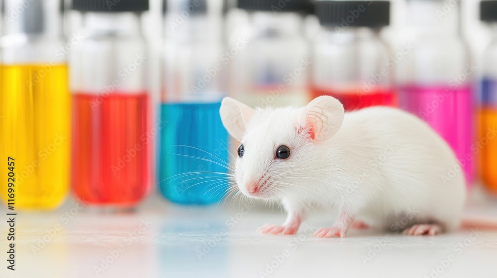 Poster a small laboratory rat explores a workspace filled with colorful test tubes and beakers, indicating 