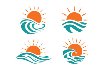 Four stylized sun and wave designs in orange and teal