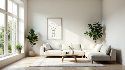 Modern Living Room Interior Design with Question Mark Artwork and Comfortable Sectional Sofa