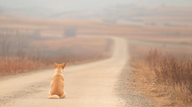 A solitary dog sits on a deserted road, gazing into the distance where the path fades into the horizon under a cloudy sky