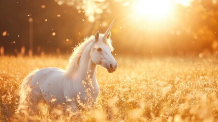 A stunning white unicorn appears in a golden field at sunrise, surrounded by soft light and blooming flowers, embodying enchantment and beauty