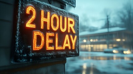 A sign that reads &ldquo;2 HOUR DELAY&rdquo;. - school - bad weather - snow - ice - frigid cold conditions - start time - morning 