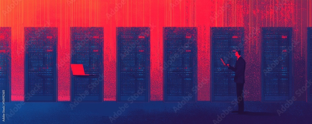 Poster a businessman interacts with a virtual computer in a server room.