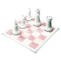 A minimalist chessboard featuring five white pieces on a pink and white checkerboard pattern.